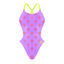 Costume intero donna da mare Alte L028AF - Lilla Stelle Rosso Fluo